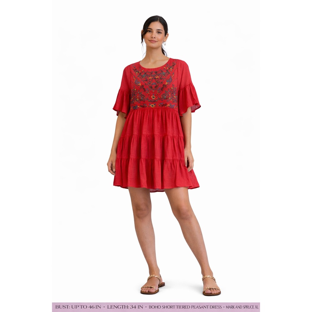 Altar'd State Red Embroidered Boho Tiered Mini Dress Bell Sleeve Medium C0384 - Picture 1 of 10